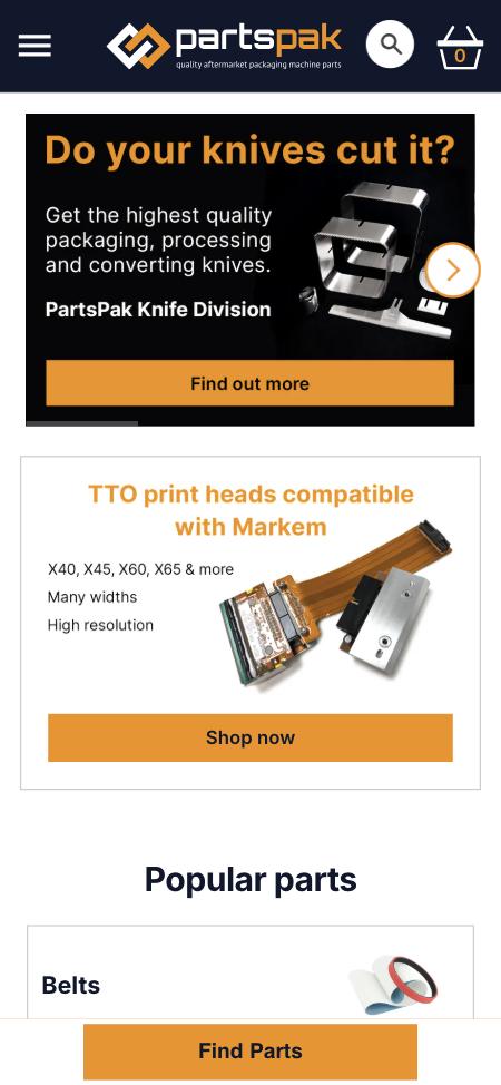 Current mobile homepage. The first screen shows a knife division carousel slide and a Markem print head promo; search is an icon in the header.
