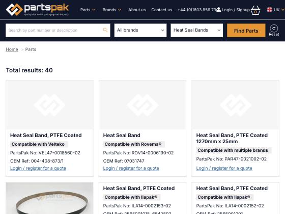 Current Heat Seal Bands listing. Cards show part numbers and OEM references, most with a placeholder image, each ending in 'Login / register for a quote'.