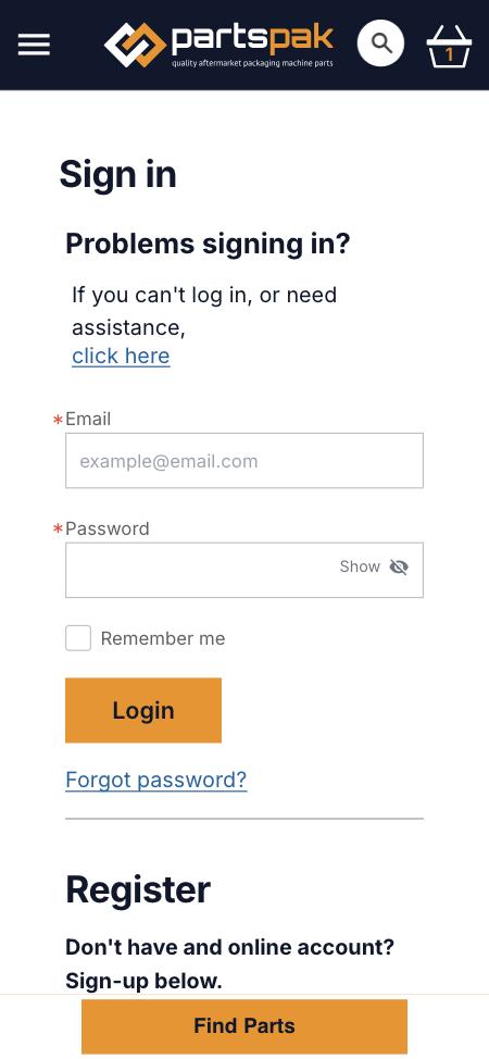 Current mobile sign in page. 'Problems signing in?' sits above the form; Register is below the fold behind the sticky Find Parts bar.