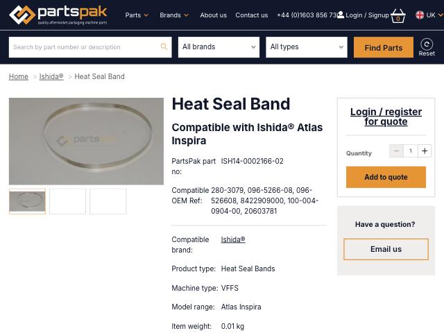Current product page. The right-hand box shows 'Login / register for quote' above an 'Add to quote' button.