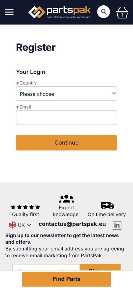 Current mobile register page, step one: Country set to 'Please choose' and an Email field, then Continue.